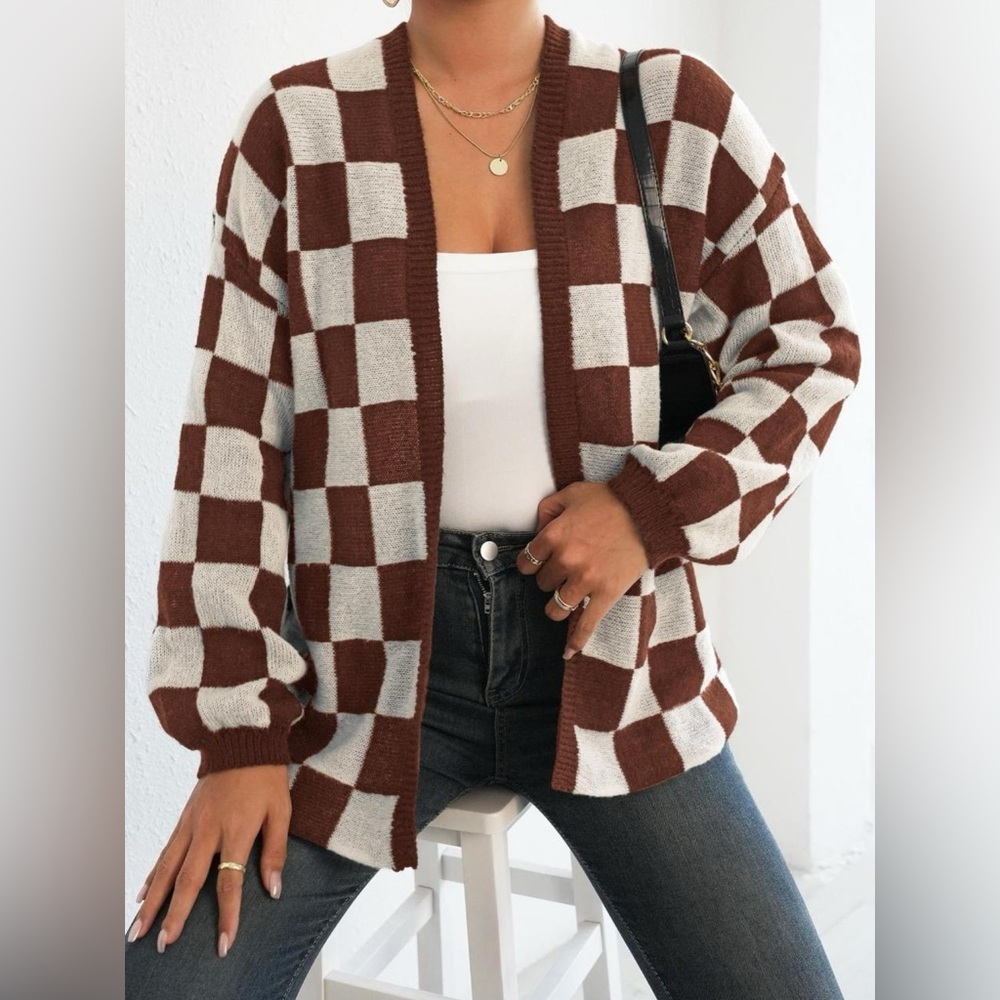 Checkerboard Pattern Open Front Knit Cardigan - Picture 3 of 10